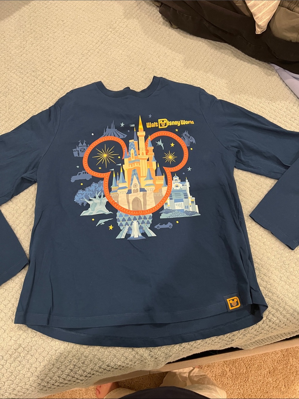 Disney Navy Long Sleeve Walt Disney World Castle Graphic Tee with Orange Accents